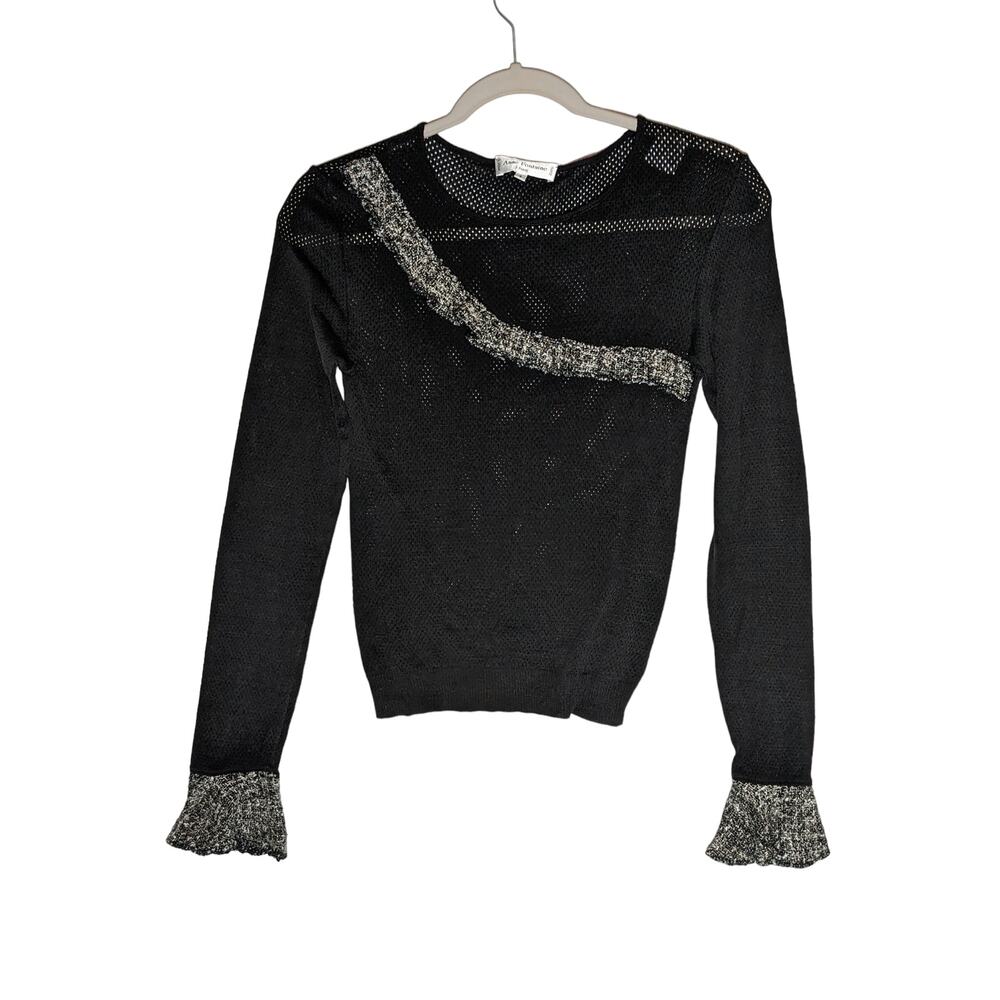 Anne‎ Fontaine Mesh Blouse Size 1 Black White Bell Sleeve H03714 Crew Neck Sheer